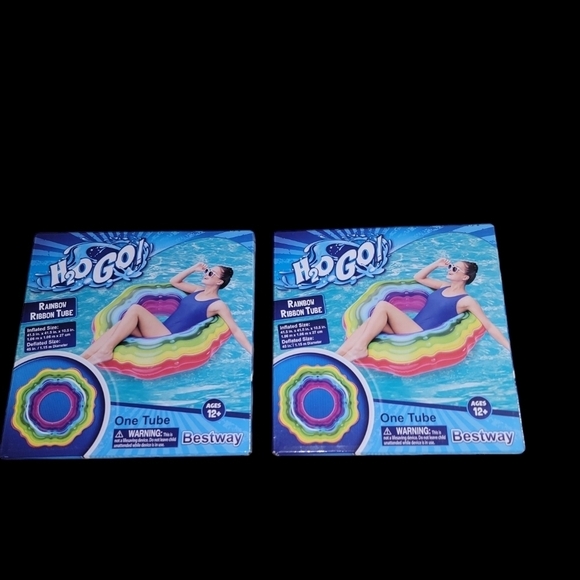 (2) Bestway H2O GO Rainbow Colors Ribbons Inflatable Pool And Beach Round Tube - Picture 4 of 4